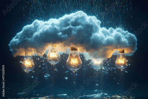 A cloud raining down broken light bulbs, representing ideas that have failed to materialize or have been abandoned. Concept of creativity stifled by societal pressures.