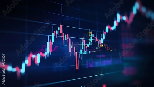 stock market graph on the screen, displaying rising candlestick charts and trading lines