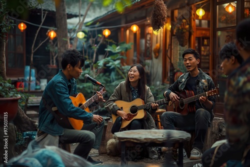 Chinese friends gather in a garden, enjoying music and laughter during an evening gathering in a cozy courtyard