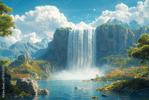 An immense, shimmering waterfall cascading from the sky into a desert, creating an oasis where none existed before. Concept of fantastical elements disrupting natural landscapes.