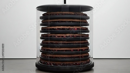  A glass container with a stack of cookies on a wooden table adjacent to a white wall