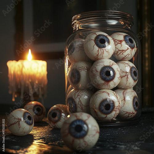 Jars Filled with Eyeballs and Candlelight on Gothic Background