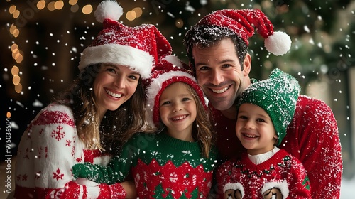 A funny Christmas card photo shoot with a family dressed in silly holiday costumes, creating a lighthearted atmosphere