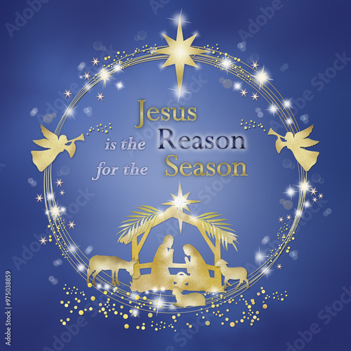  Jesus is a reason for the season -gold christmas wreath on violet background with Jesus birth scene .Jesus Birthday Christmas -greeting card with festive gold wreath.