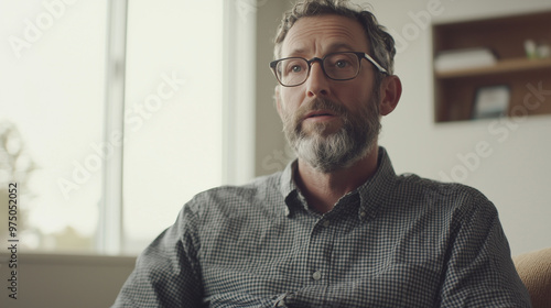 intimate documentary interview setup with the subject speaking thoughtfully into the camera, bathed in natural light. The background should be clean and minimalistic, focusing on t