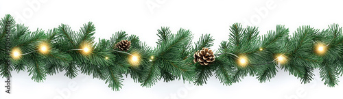 Seamless decorative christmas border with coniferous branches and garlands of christmas lights on transparent background 