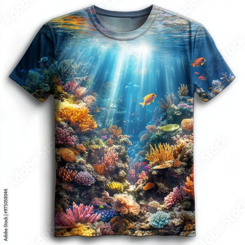 T-shirt dengan desain bawah laut yang berwarna-warni.