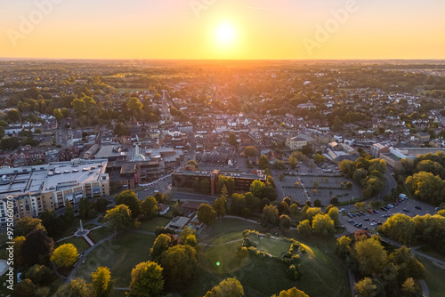 Aerial drone shot during sunset over the town of Bishops Stortford in England