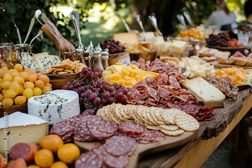 A vibrant buffet charcuterie spread featuring cheese, fruits, crackers, and cured meats