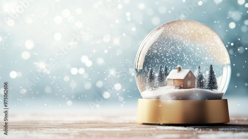 large snow globe showcasing a Christmas village with tiny houses and trees inside. The globe should be surrounded by realistic falling snowflakes, adding a magical touch. The backg