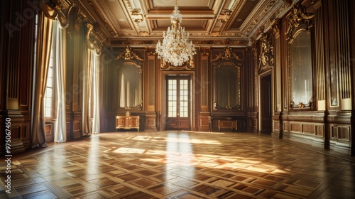 A grand, opulent ballroom with intricate woodwork, elegant chandeliers, and large, sunlit windows streaming light across the parquet floors.