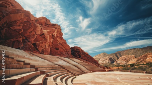 Outdoor amphitheater nestled in stunning red rock formations under a crystal blue sky with swirling clouds.