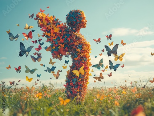 A figure made entirely of flowers with arms open wide, exuding a sense of optimism and empowerment, as butterflies materialize and fly around in a beautiful open field.