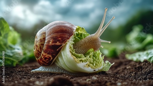 A snail is eating a piece of lettuce in the dirt, AI