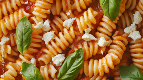 a close-up, top-down view of roasted red pepper fusilli, filling the entire frame with the focus on the pasta's intricate details