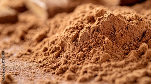 Close-up of cocoa powder, a commodity of large-scale industrial production. Freshly harvested cocoa beans for marketing on the world market.