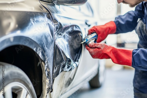 Expert auto body repair specialist restores dented car fenders to achieve a flawless finish