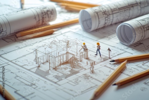 Artistic construction blueprints show tiny figures building and exploring home renovation designs