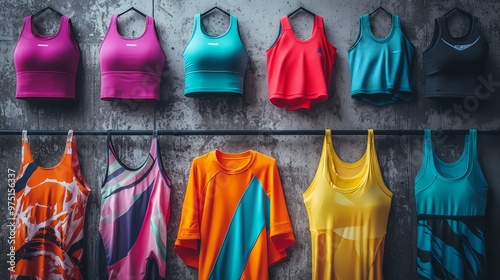 A vibrant display of diverse workout apparel showcasing bold colors and stylish designs, perfect for energizing athletic endeavors.