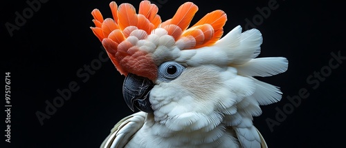 Close-up portrait of a white cockatoo with an orange crest on a black background.