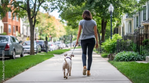 Woman walking dog neighborhood street trees pathway. AI generated