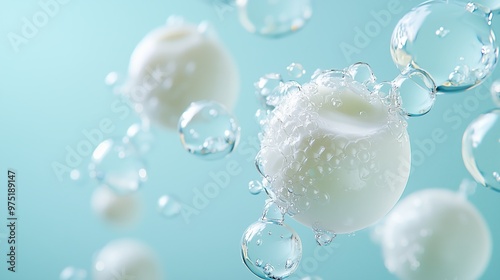 Abstract close-up of white spheres and bubbles against a light blue background, resembling a science or microscopic concept.