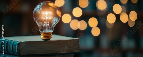 Light bulb on stack of books with bokeh lights, cozy reading concept