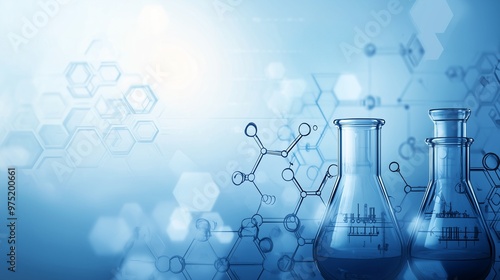 A chemistry-themed background featuring molecular structures, chemical equations, and lab equipment silhouettes. Scientific theme. For presentations on chemistry or pharmaceuticals.