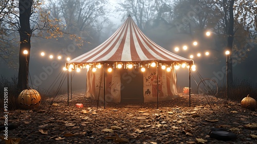 Halloween circus tent, eerie glow, 3D illustration