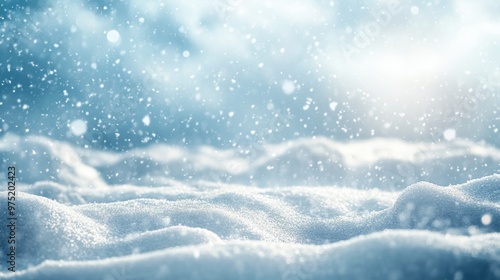 Stunning ultrawide image of gentle snowfall over soft snowdrifts in a winter wonderland setting