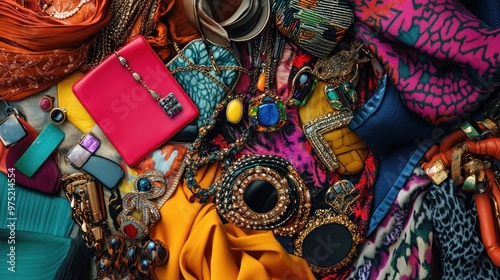 A dynamic flatlay of maximalist fashion accessories, featuring bold jewelry, vibrant scarves, patterned bags, and an eclectic mix of textures and colors