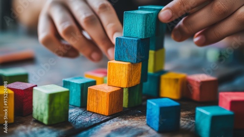 Hands using building blocks to create a career ladder, strategic assembly process, career, work, structured planning