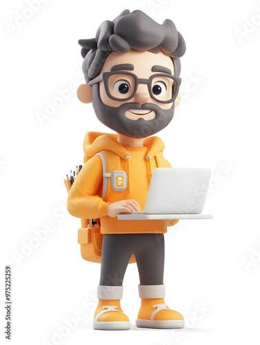 Cheerful and Friendly 3D Character of a Smiling Software Developer or Computer Programmer Working on a Laptop Isolated on a Bright White Background