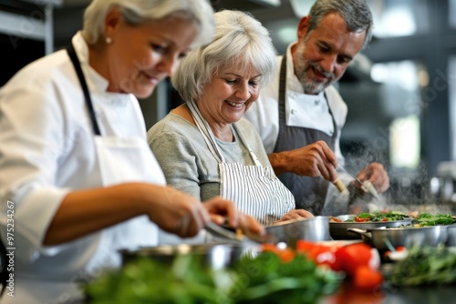 A senior couple in a cooking class, learning to prepare healthy meals together, with the instructor demonstrating techniques at the front