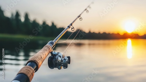 A fishing rod rests by a serene lake at sunset, capturing a moment of leisure and nature.