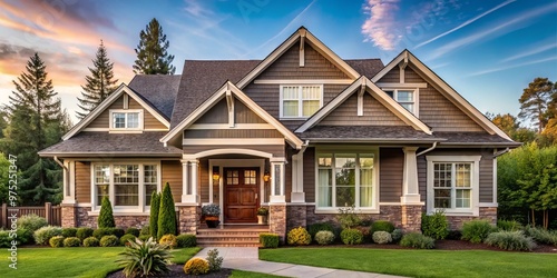 A charming rambler style home with a warm exterior, featuring a complex roofline, multiple gables, and varied siding