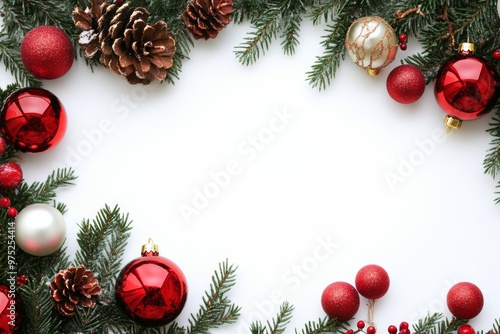 Festive Christmas border with red ornaments and pine cones on a clean white background perfect for holiday decorations and greetings