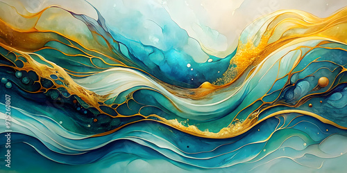 Abstract fluid art painting in alcohol ink with waves and golden swirls , natural, luxury, tender, dreamy, wallpaper