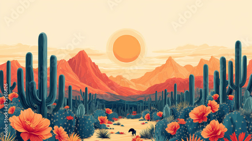 Cactus and Desert Scene, featuring patterns of cacti, sun, and desert animals common in Mexican landscapes, with copy space