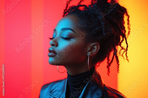 Passionate African American Girl in Leather Suit and Boots, Profile Photo Against Neon Background