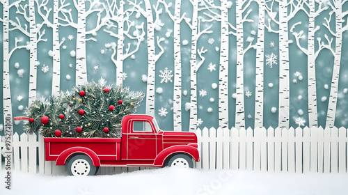 Paper-cut scene of a red vintage truck with a decorated Christmas tree driving through a snowy village with a snowman and falling snowflakes