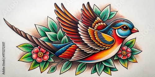 Vibrant colors and bold lines convey freedom and resilience as a traditional sparrow soars, representing courage and