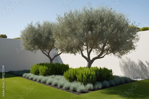 Minimalist Garden Design Featuring Olive Trees and Compact Salix Caprea with Unique Flora and Vibrant Green Leaves