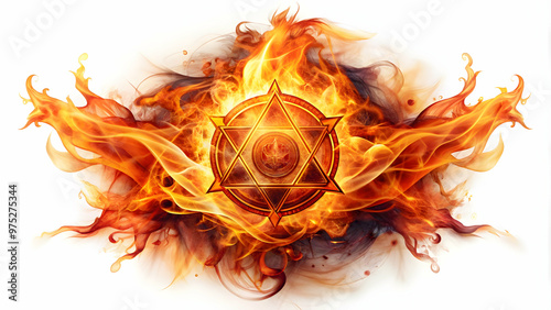 Fire alchemy elemental tattoo design on white background, alchemy, fire, flames, magic, mystical, symbolism, art