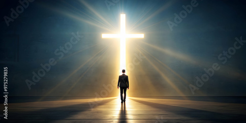 Person walking towards a glowing cross symbolizing salvation , faith, religion, spirituality, salvation, hope, belief