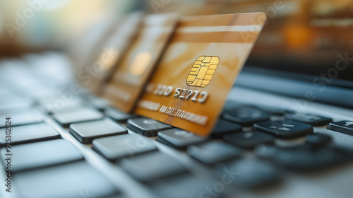 A credit card is displayed on a laptop keyboard. The card is gold