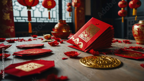 Chinese New Year red envelopes scattered across a festive table