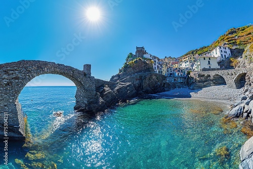 panoramic view of the Italian seaside town R-line in Cinque Terre, Italy with blue sky and turquoise sea