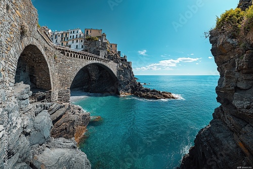 panoramic view of the Italian seaside town R-line in Cinque Terre, Italy with blue sky and turquoise sea