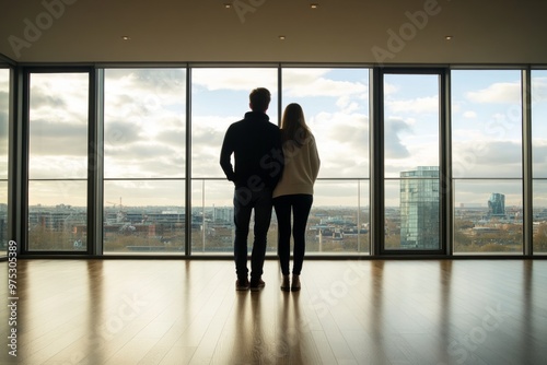 A couple stands together looking out at the city view from a modern apartment. The large windows frame their silhouette. A scene of peace and connection. Generative AI